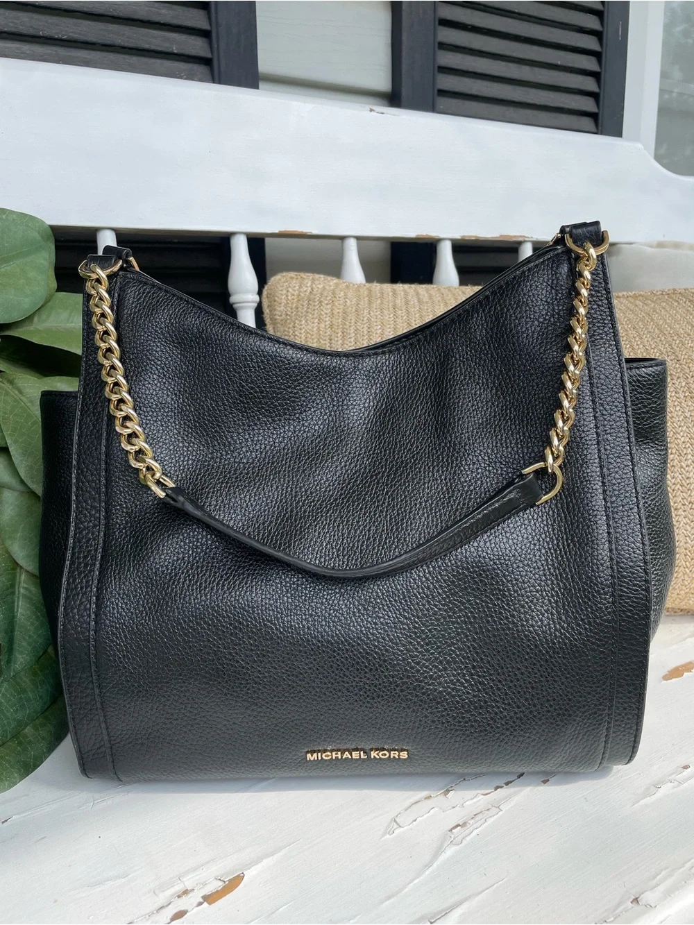 Michael Kors Newbury Medium Chain Black Pebbled Leather Shoulder Tote